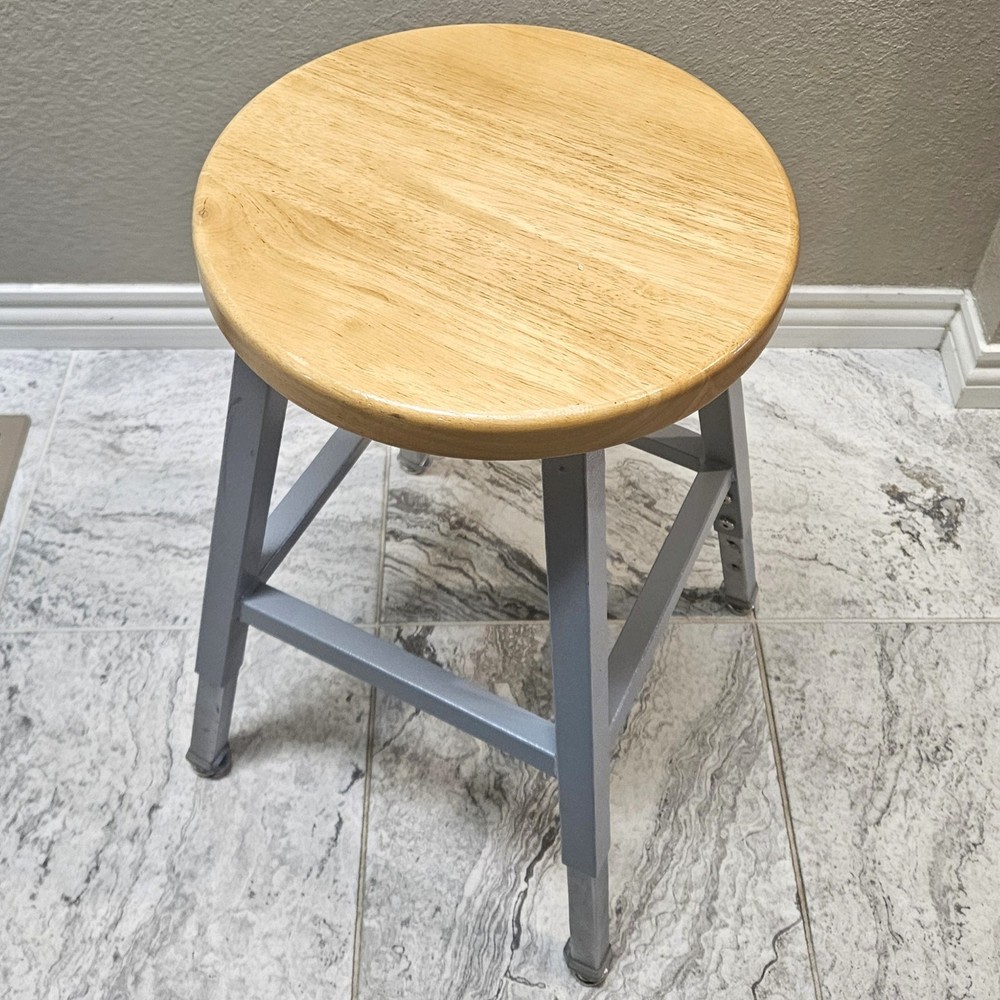 Science Lab Stool, Solid Wood Seat & Steel Frame Adjustable, Gray