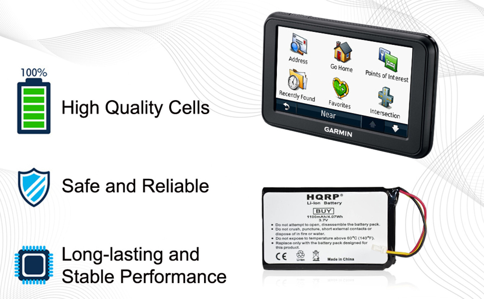 HQRP 1100mAh Battery for Garmin Nuvi 30 40 40LM 50 50LM 361-00056-00 3610005600