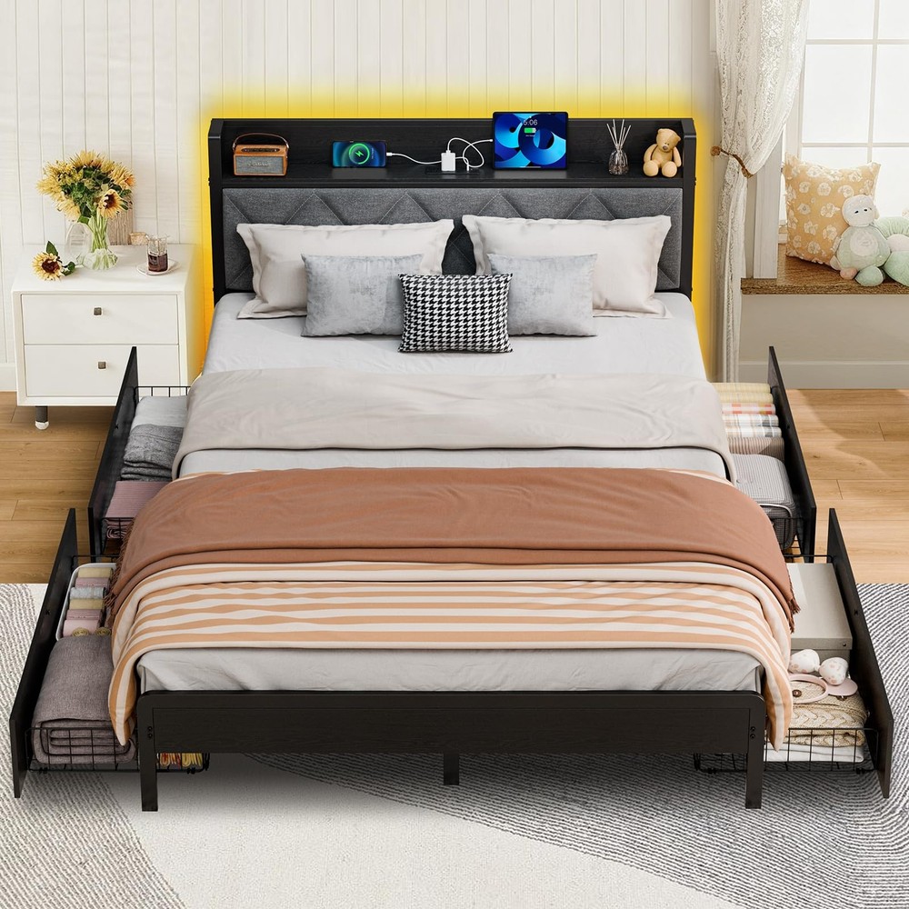 Bed Frame Full Size with Charging Station and Lights, Upholstered Storage Hea...