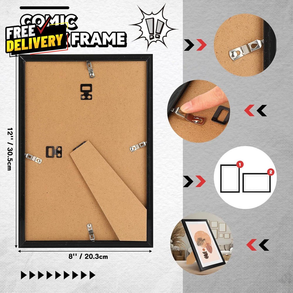 8-Pack Comic Book Frames UV Protection Wall or Tabletop Display Black White…