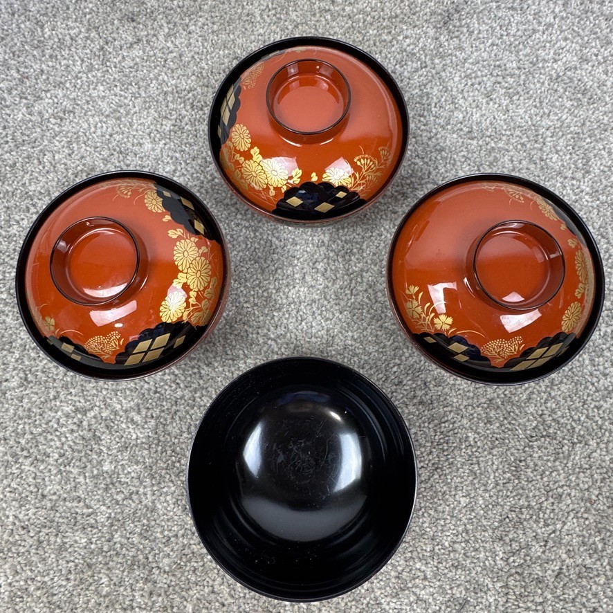 5 Showa Period Wajima-Nuri Owan Serving Bowls 3 Lids & Lacquered Wood Tray Japan