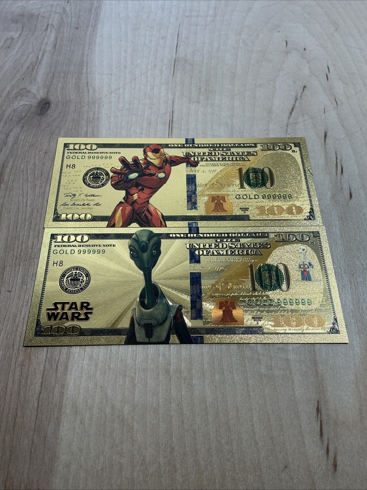 Gold Foil $100 Bill Art Set – Iron Man & Star Wars Alien – Collectible Display