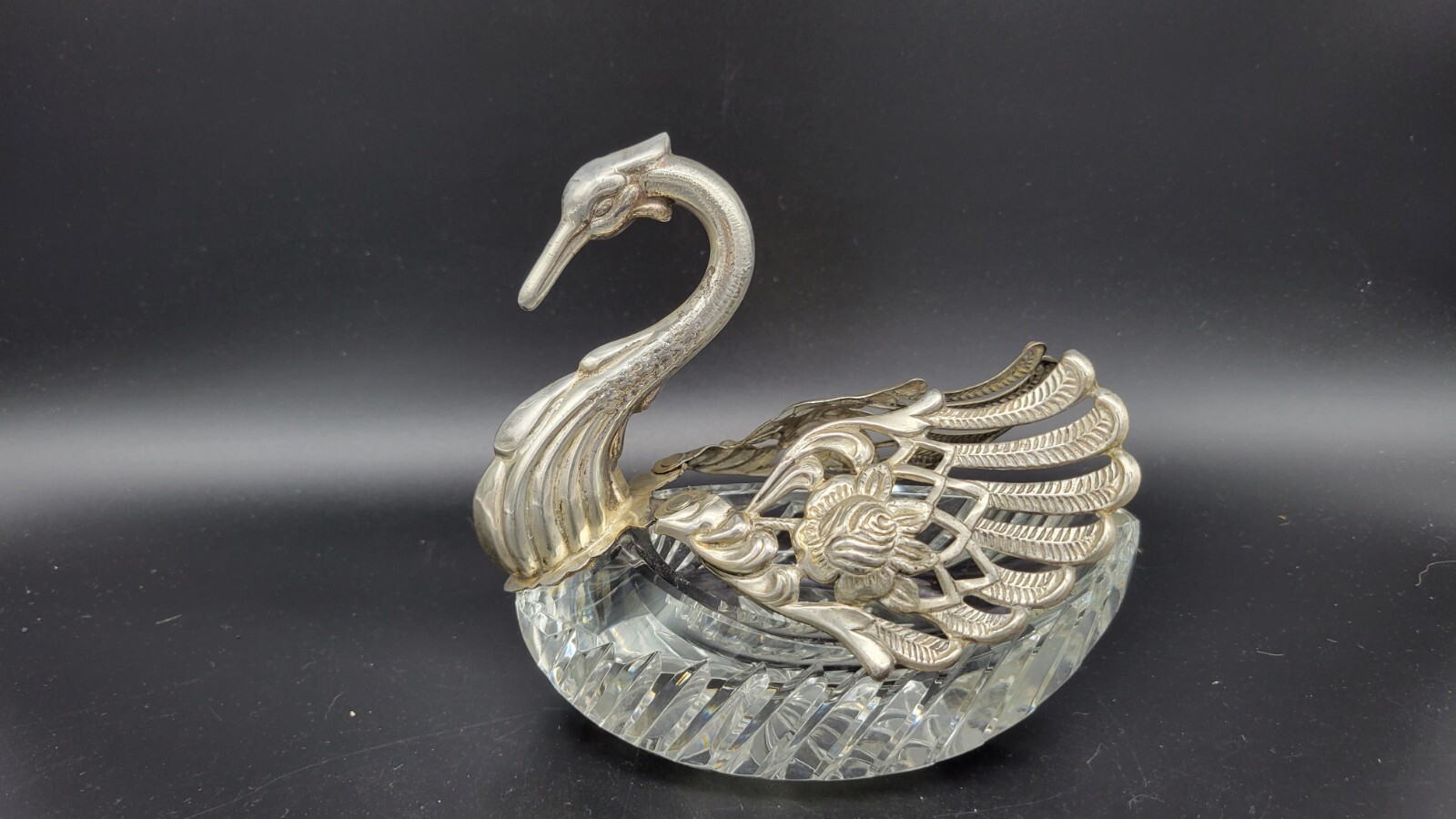 Vintage Sterling Silver & Crystal Swan Master Salt Cellar / Caviar Bowl, 5 1/4"