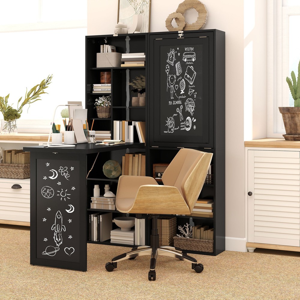 Convertible Desk with Chalkboard & Shelf Multi-Use Computer Workstation, Black