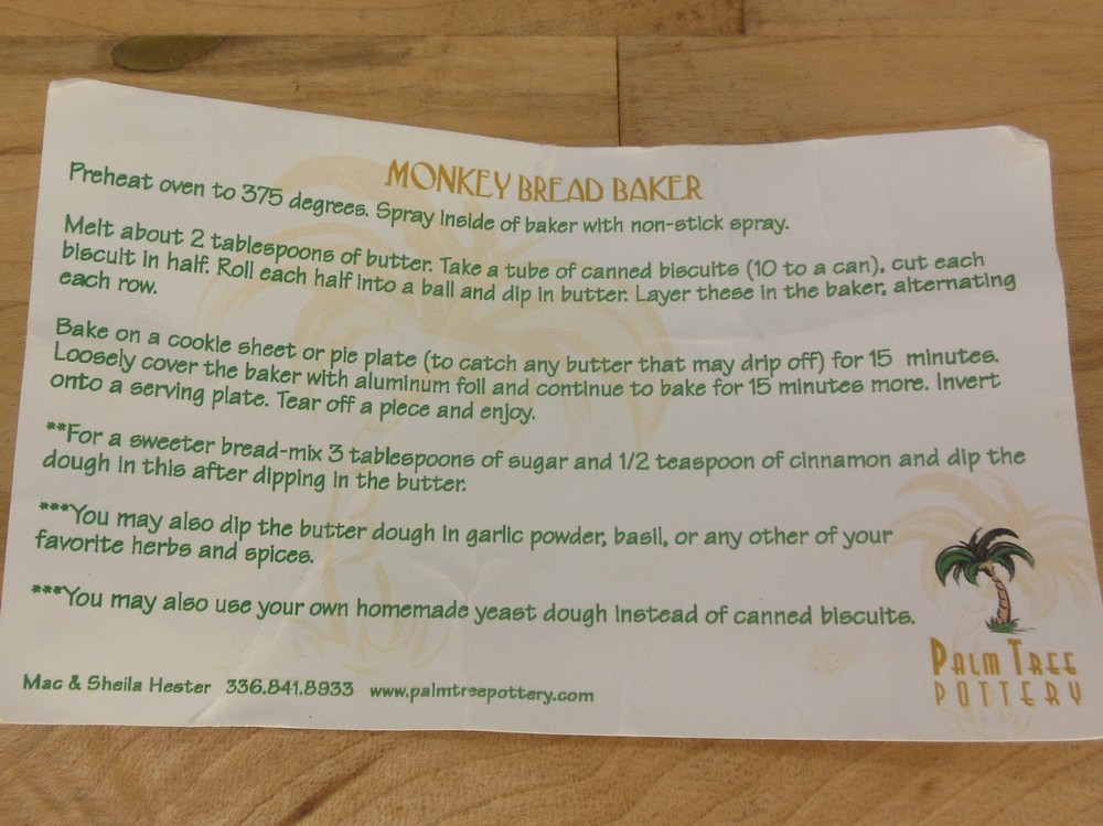 Palm Tree Pottery Hester NC Monkey Bread Maker Unused Instructions