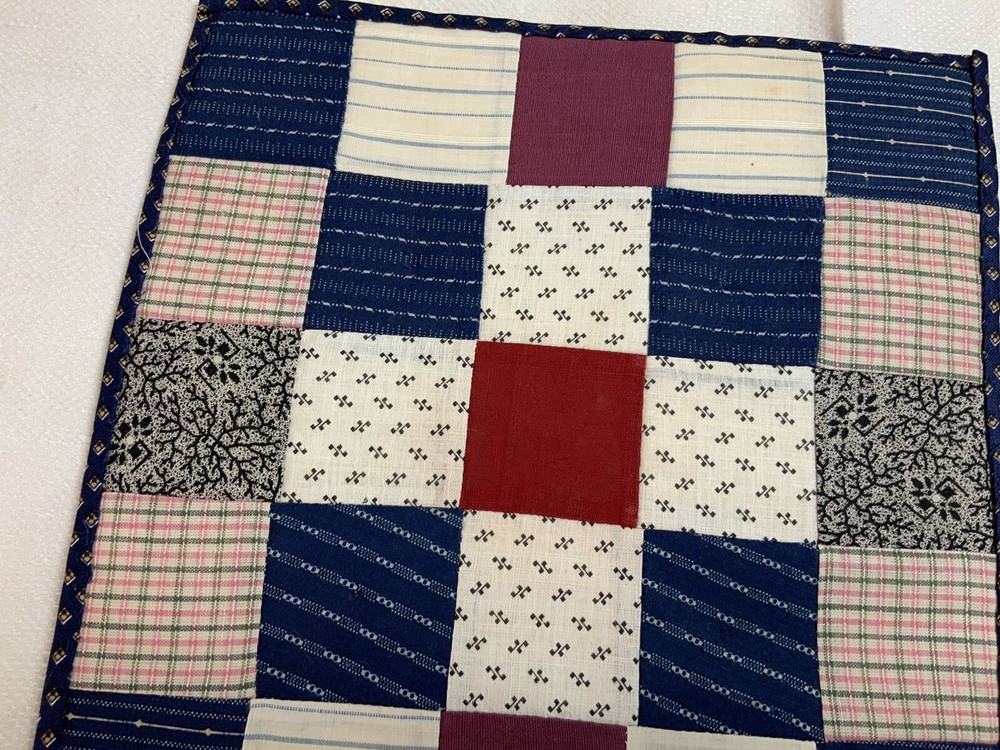 Antique Vintage Patchwork Quilt Table Topper Or Doll Quilt, Nine Patch, Red Navy