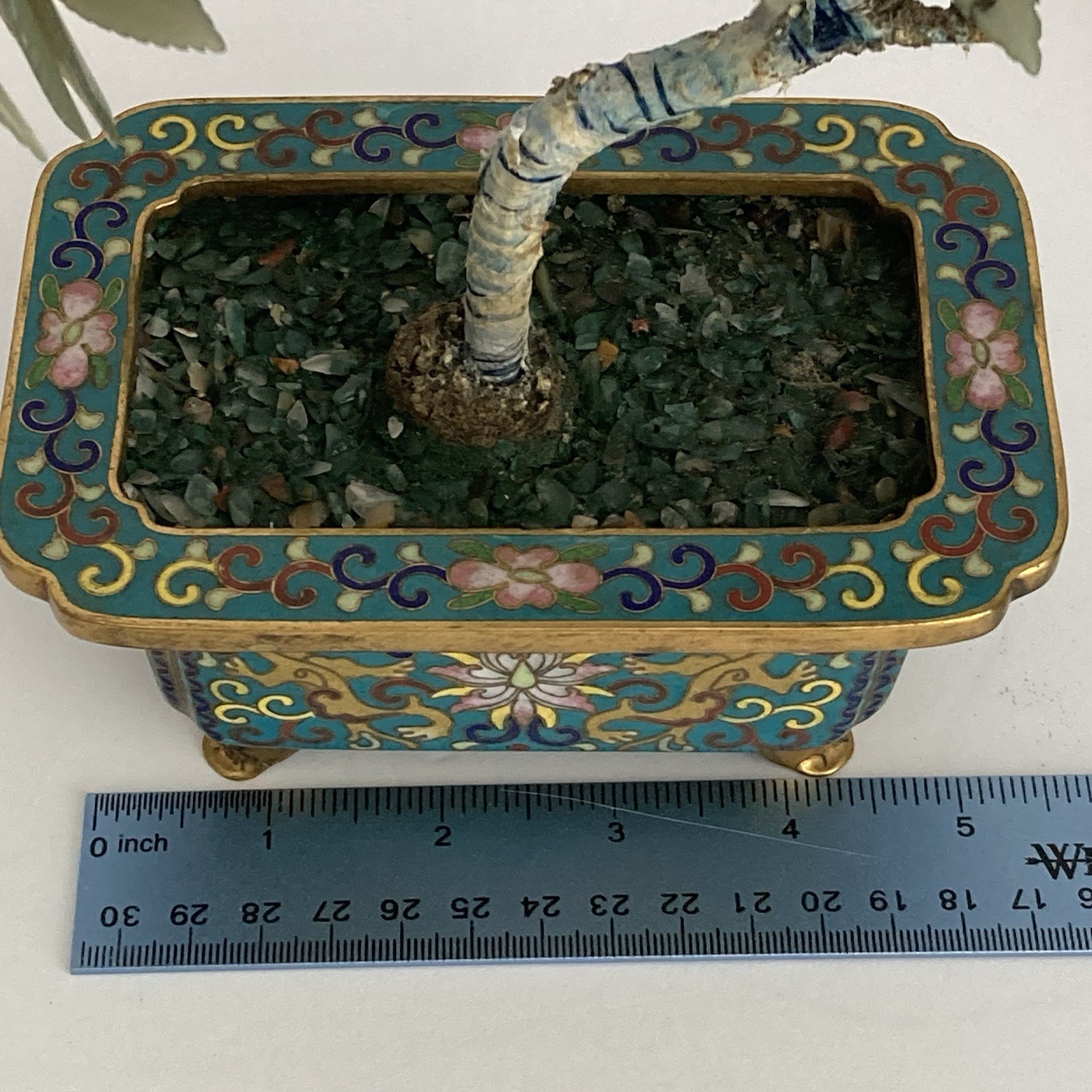 Pair Antique Chinese Jade Bonsai Tree in Cloisonne Pot w Amethyst Carnelian VTG