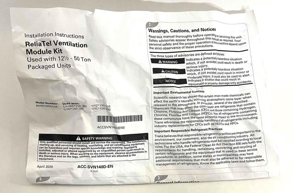 TRANE RELIA TEL BAYRTVM001A Ventilation Module Kit 12.5-50 Ton Packaged Units