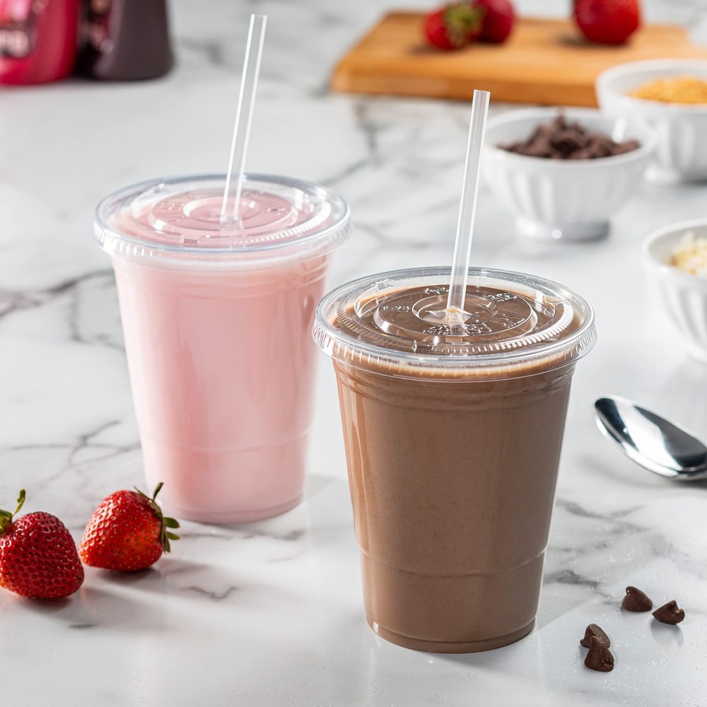 Clear Plastic Cups with Flat Lids [16 oz - 100 Count] - Disposable Iced Coffe...