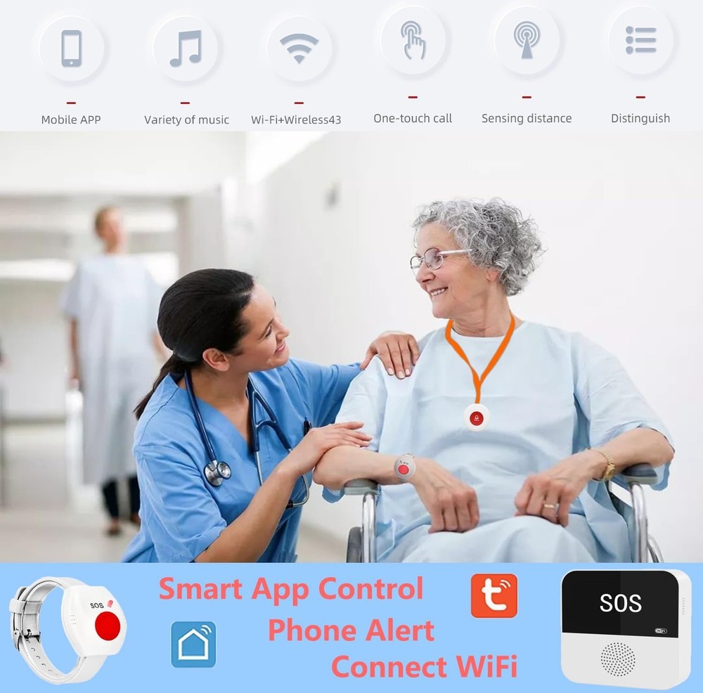 Wireless Caregiver Pagers Elderly Alert Button Smart Emergency Call Button Pe...