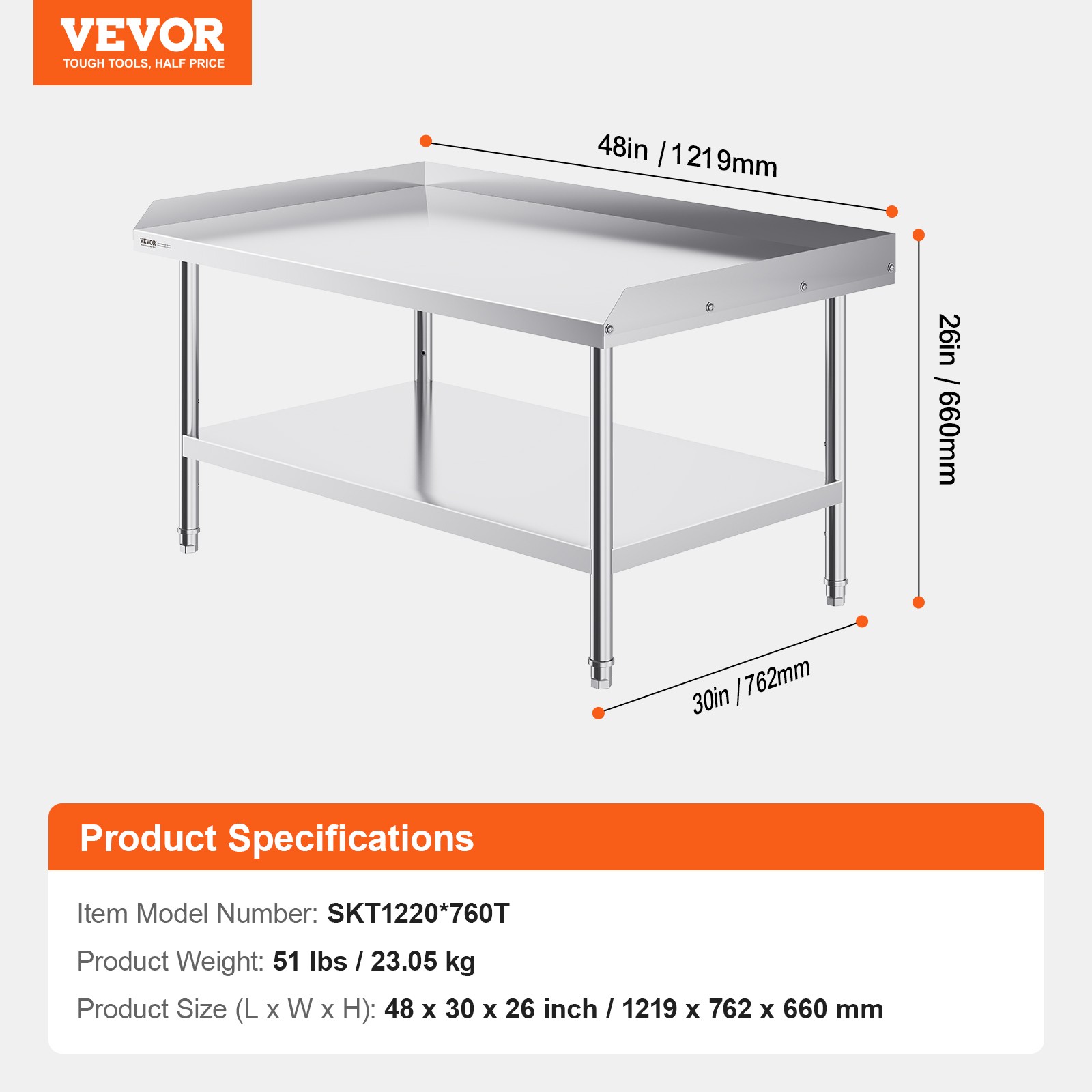 VEVOR Stainless Steel Work Table 30"x48" Commercial Food Prep Table Restaurant