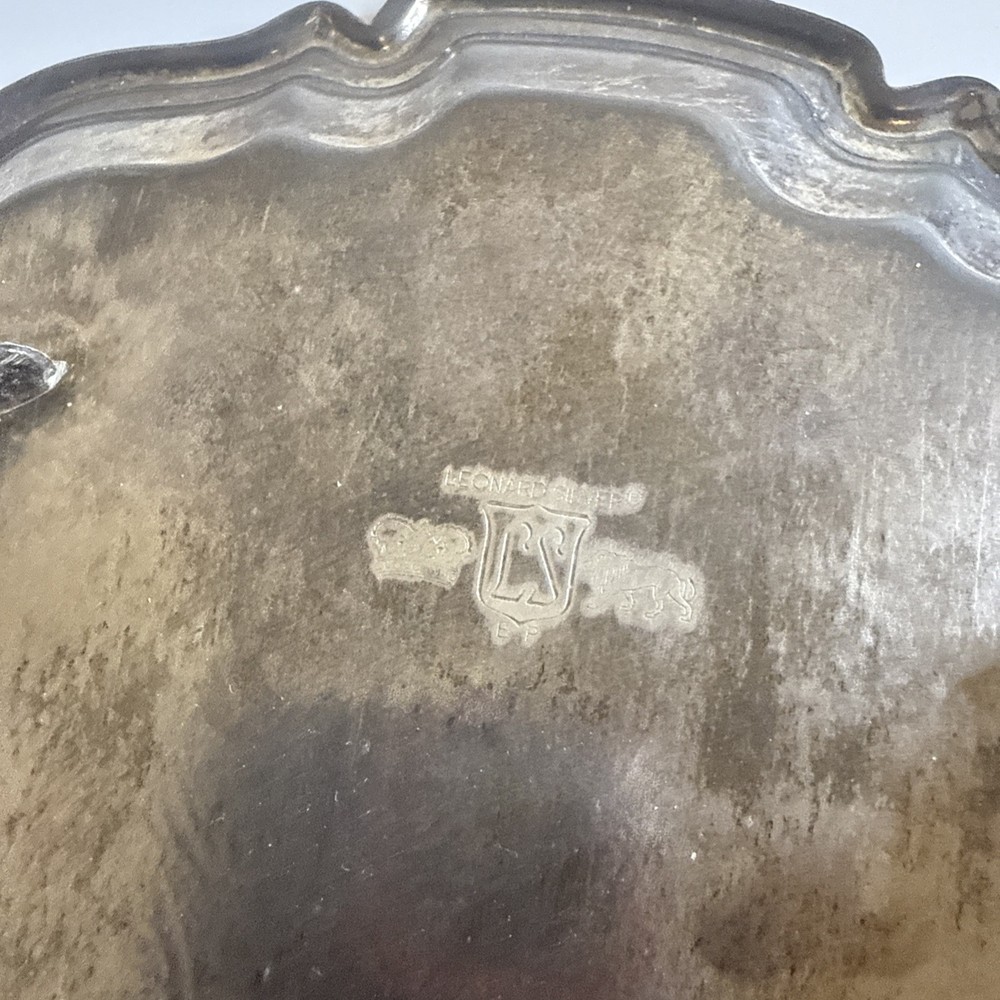 Vtg Silver Platter Tray Etched Scrollwork Footed Serving Leonard Silver