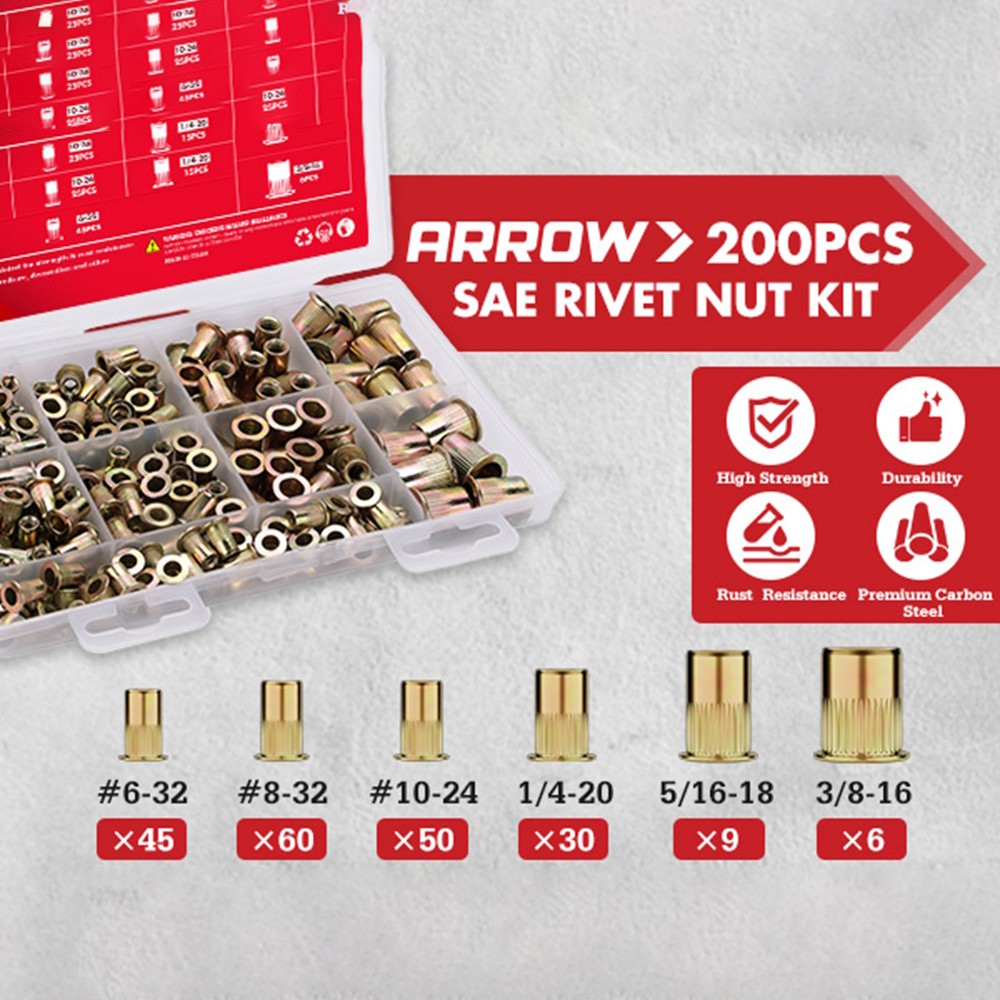 Arrow 200PC Rivet Nut Kit Rivnut Assortment Kit FlatHead Threaded Insert Nutsert