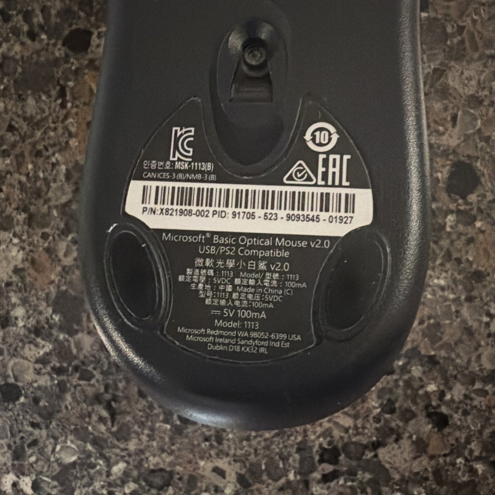 Microsoft Basic Optical Mouse V 2.0 Model 1113 USB Wired Black