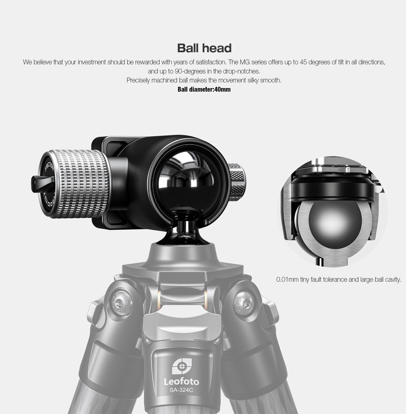 Leofoto MG-40 40mm Rifle Ball Head With Dual Arca / Picatinny Clamp