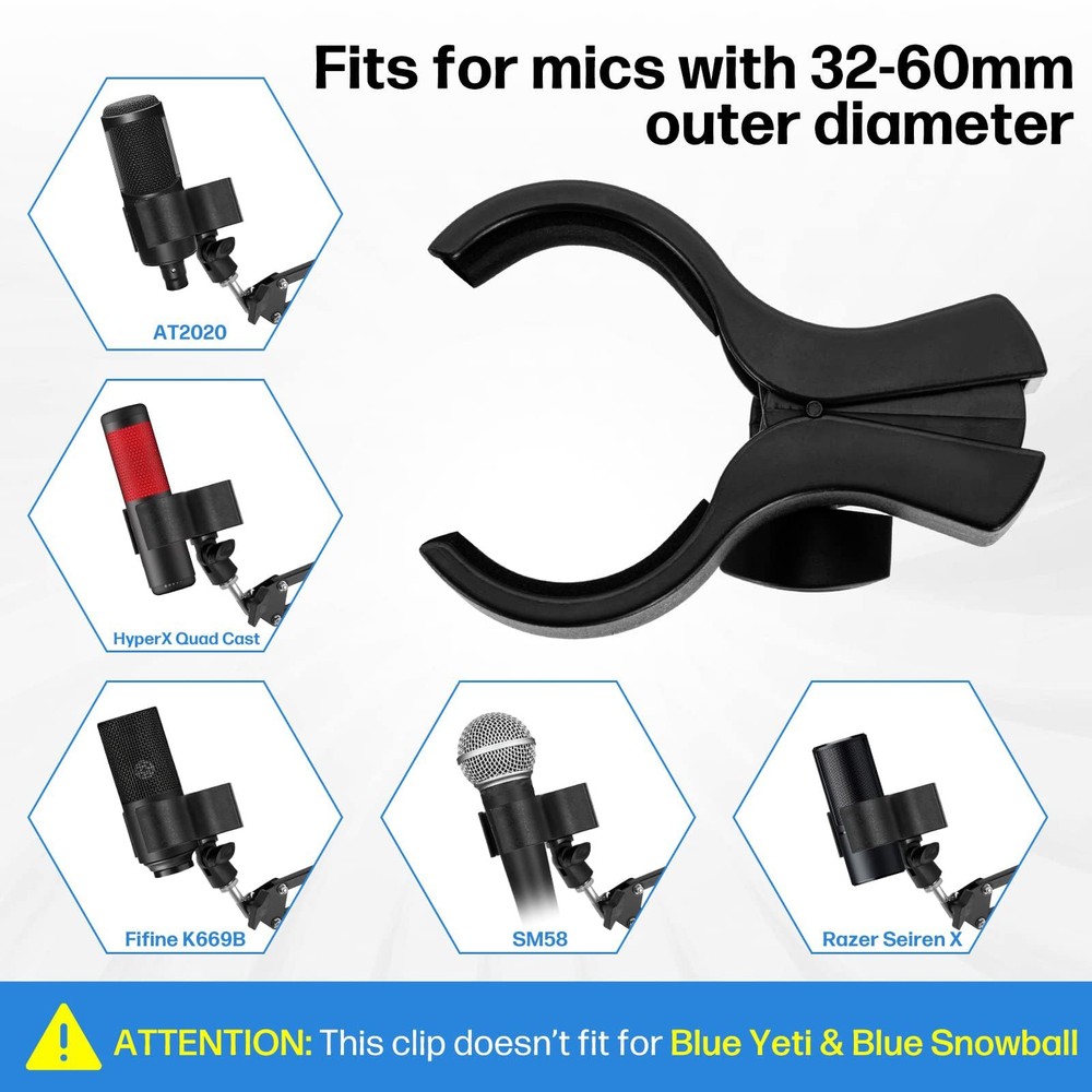 BILIONE 2pcs Versatile Microphone Clip, Adjustable Mic Holder 2 Pack, black