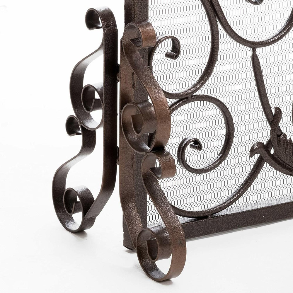 Black Gold Finish Fireplace Screen Panel Stand Wrought Iron Victorian Scrollwork