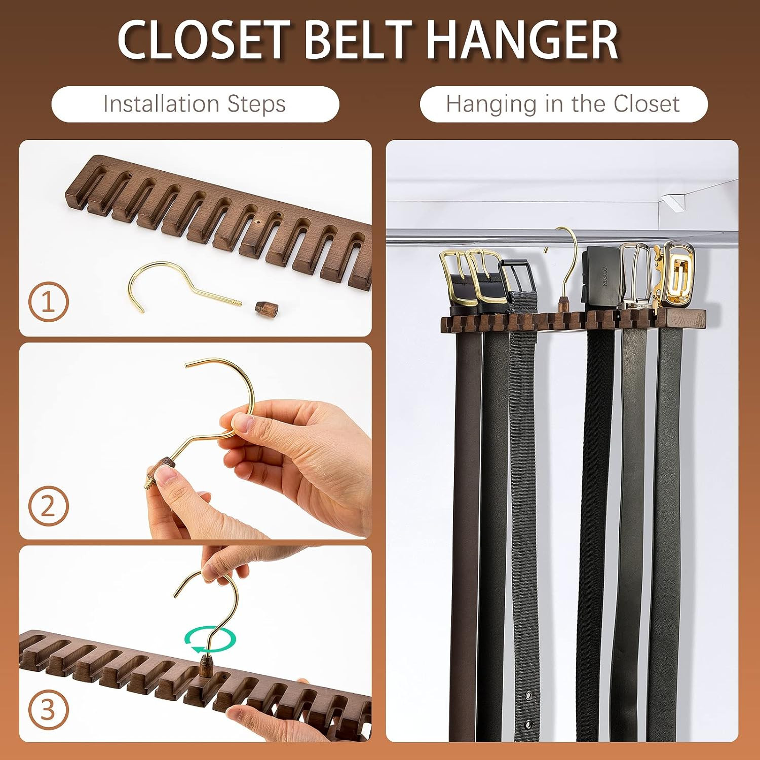 Wooden Belt Rack for Closet Wall Mount, Sturdy Belt Hanger Organizer Holds 14 Be