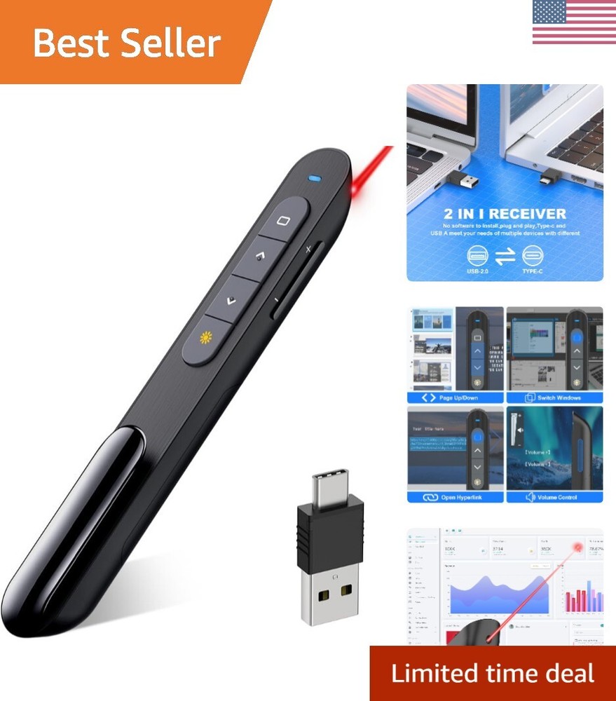 USB Type C Wireless Presenter Clicker with Red Pointer - 165FT Control Range