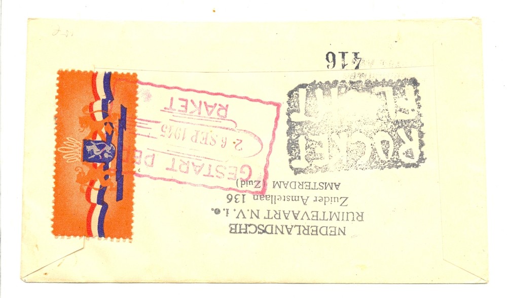 NETHERLANDS ROCKET MAIL 1945 CV. +LABEL REG. VF @2