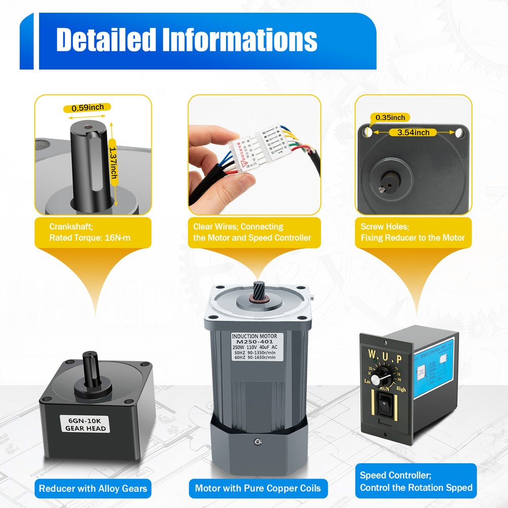 AC Gear Reduction Motor Electric+Variable Speed Controller Reversible 110V 250W