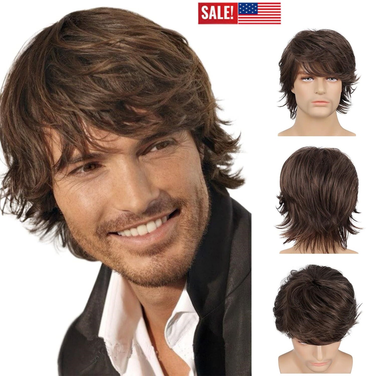 Men's Short Brown Wig Natural Fluffy Synthetic Hair Wig Heat Resistant Daily USA