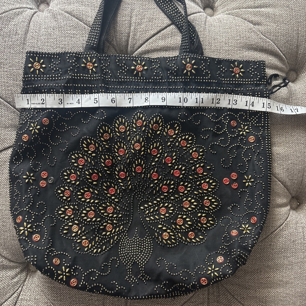 Vtg Peacock Drawstring Black Beaded Boho Hippy Purse FLAW