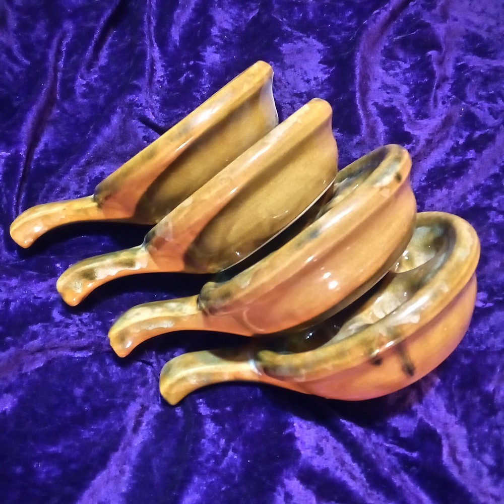 4 Brown Ceramic Mottled Drip Glaze Escargot Baking Serving Dishes Nice!