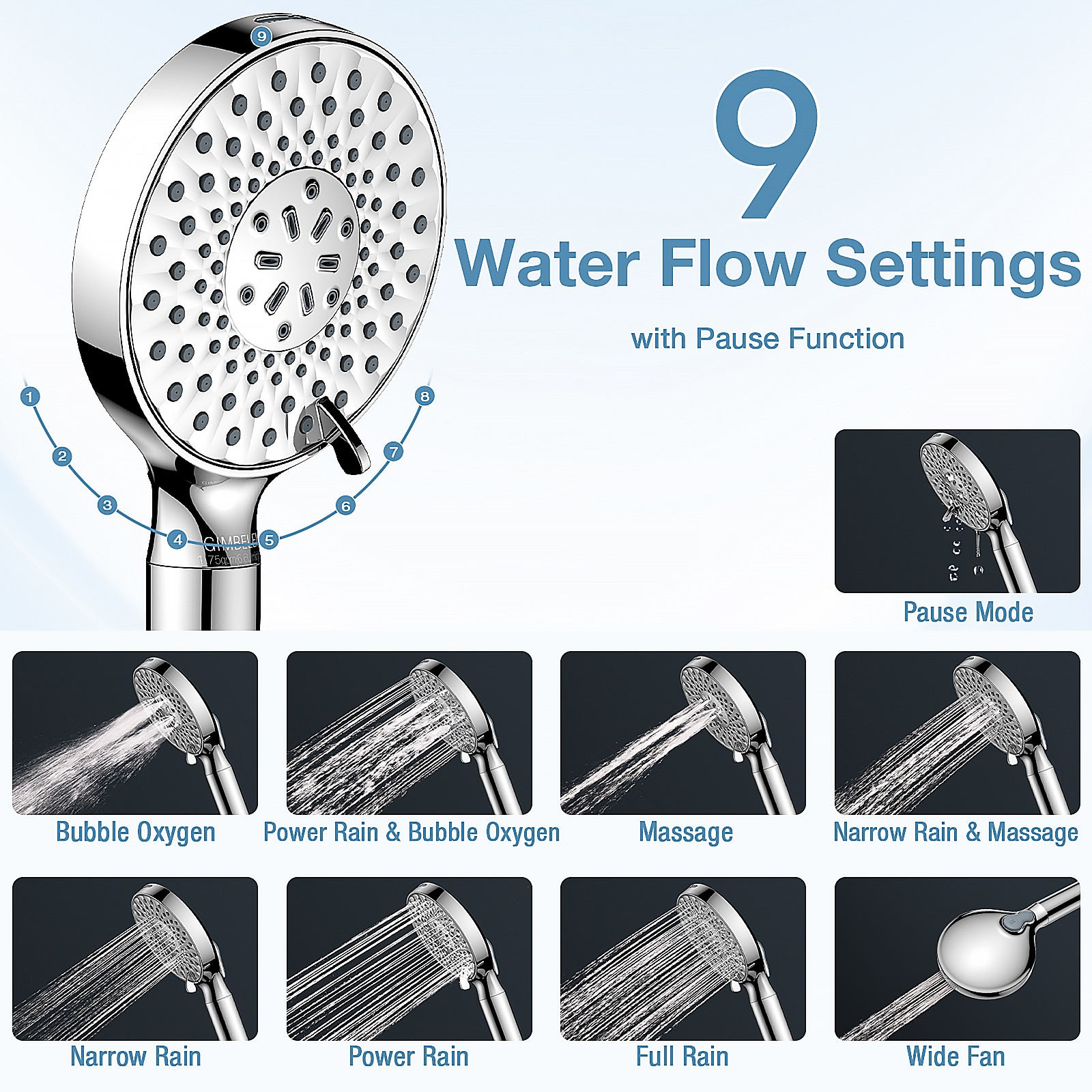9 Spray Settings High Pressure shower Head with Filter, Handheld Rainfall Combo