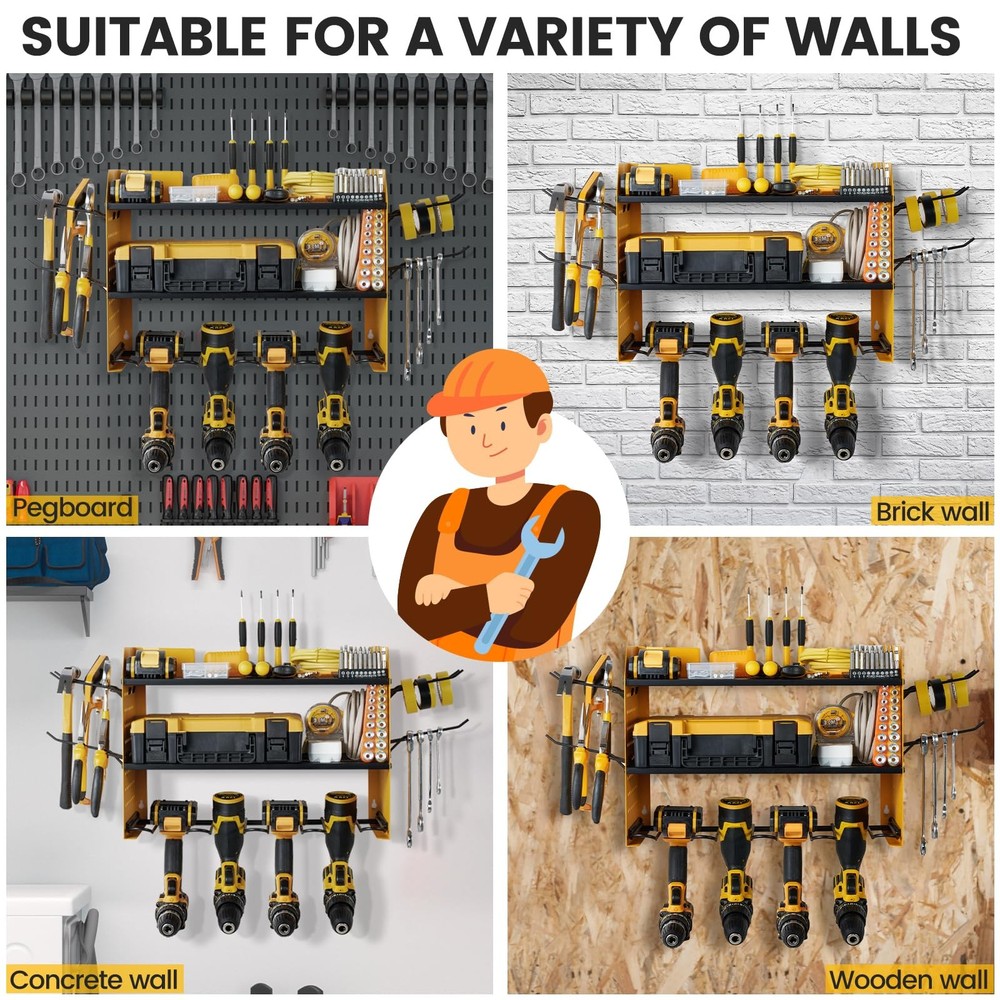 Power Tool Organizer Wall Mount, 3-Layer Drill Holder with 2 Side Pegboards, ...