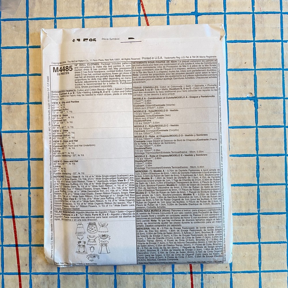Uncut Pattern Dresses Pattern for 18" Doll McCalls M4485