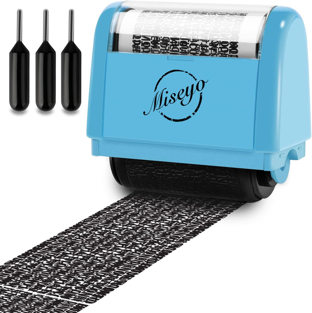 Wide Identity Theft Protection Roller Stamp Set - Blue (3 Refill Ink)