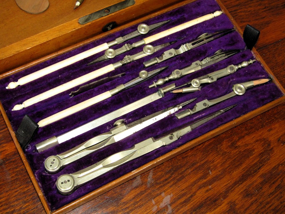 Antique Vintage Walnut Box Draftsman Drawing Set Geometry Technical Engineering