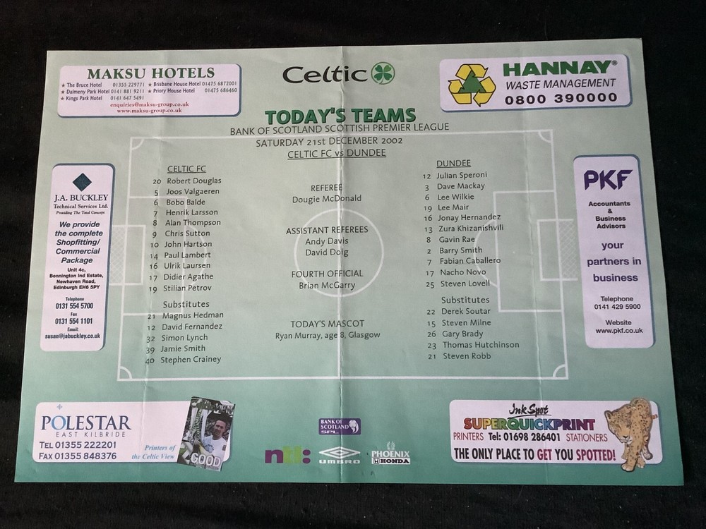2002/3 Celtic v Dundee December teamsheet
