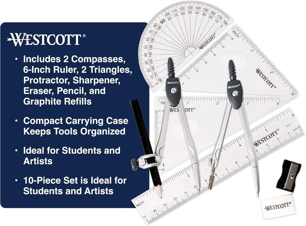 10-Piece Math Set for Students, Includes 2 Compasses, Protractor & Ruler, Bac...