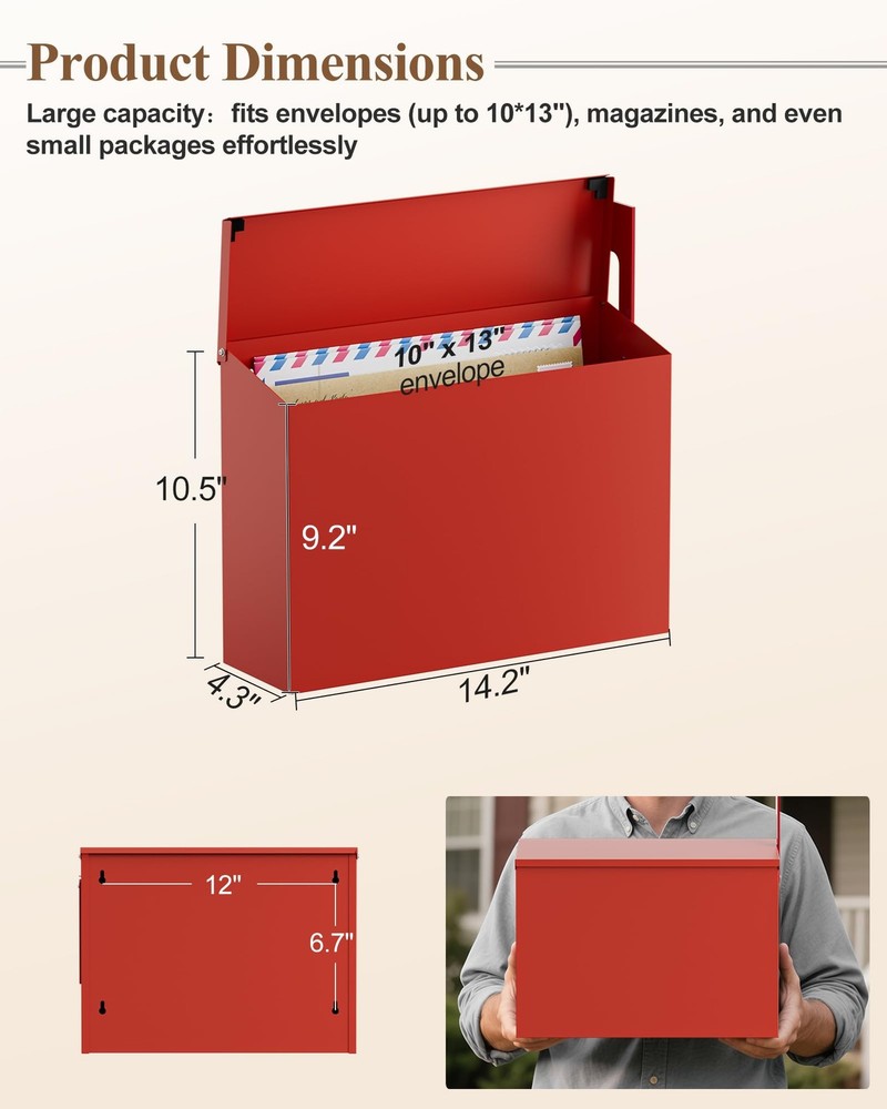 Red Wall Mount Mailbox Large Capacity Rust Proof Post Box 10.5x4.3x14.2