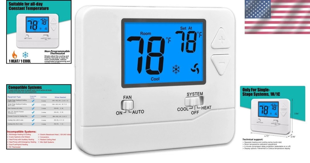 Smart Non-Programmable Thermostat for Home Heating & Cooling, LCD Display