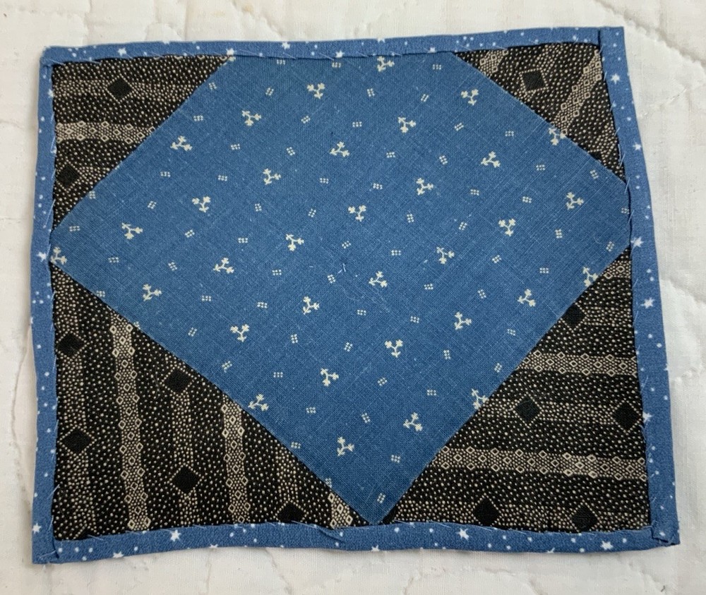 Antique Patchwork Quilt Table Topper, Early Calicos, Blue & Black, Triangles