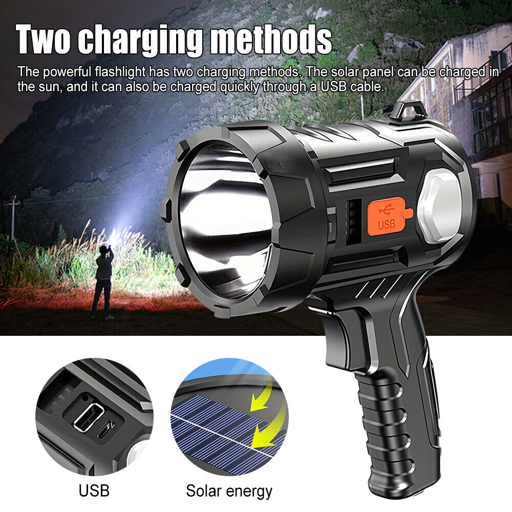 2PCS Solar/USB Super Bright Rechargeable LED Spotlight Flashlight Searchlight