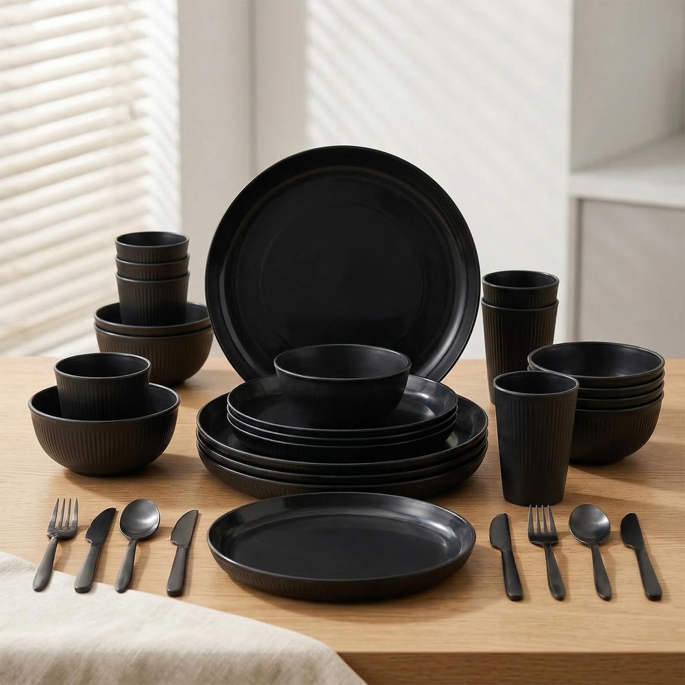 36 Pcs Wheat Straw Dinnerware Set,Dinnerware Sets for 6,Large Round Plates, B...