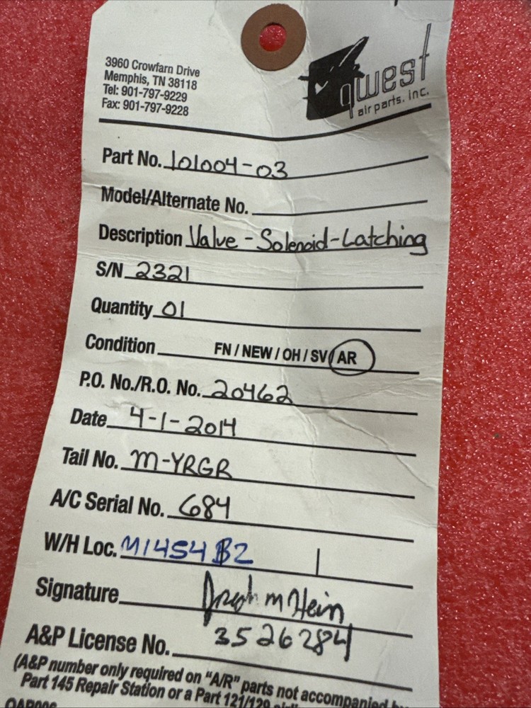 B/E Aerospace Valve Solenoid Latching, PN: 101004-03 bin18