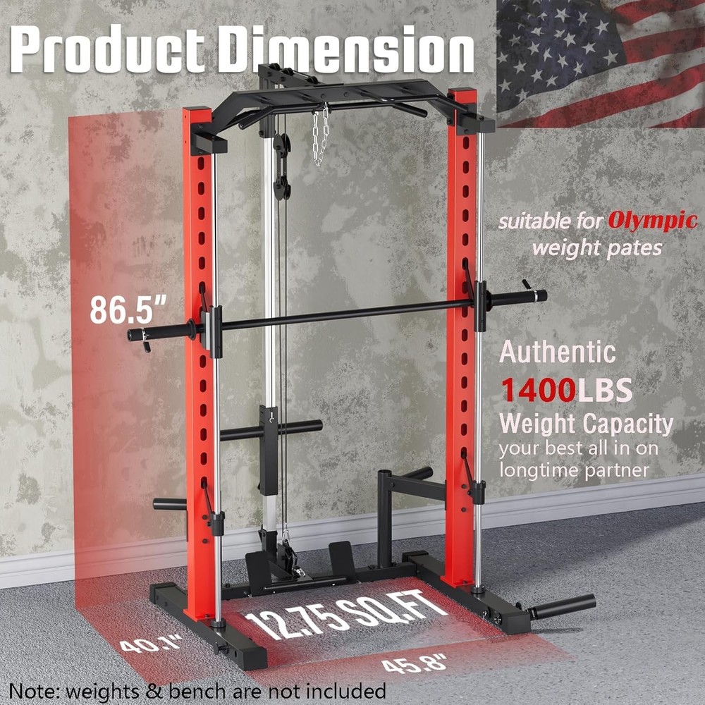 1400 Lbs Smith Machine Multi-Function Squat Rack with LAT-Pull Down Power Cage