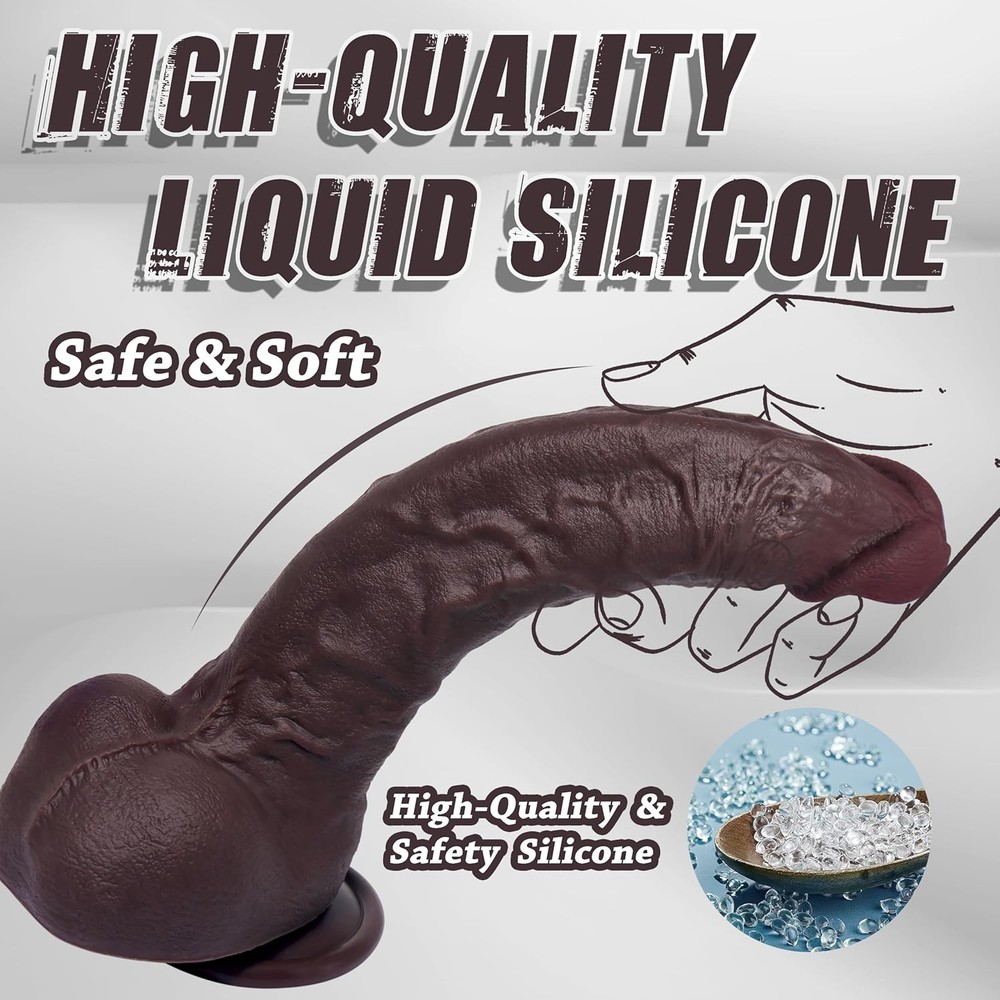 9'' Black Realistic Silicone Thick Dildo - Strong Suction Cup Base, 7.5" Inserta