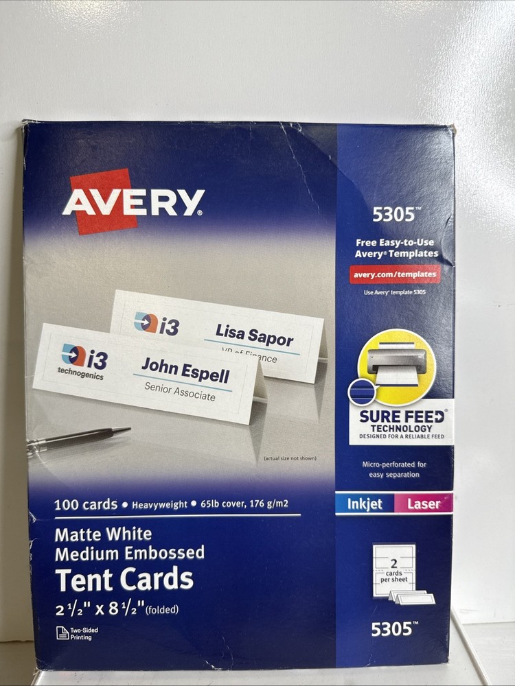 Avery Tent Cards Matte White Medium Embossed 2 1/2" x 8 1/2"