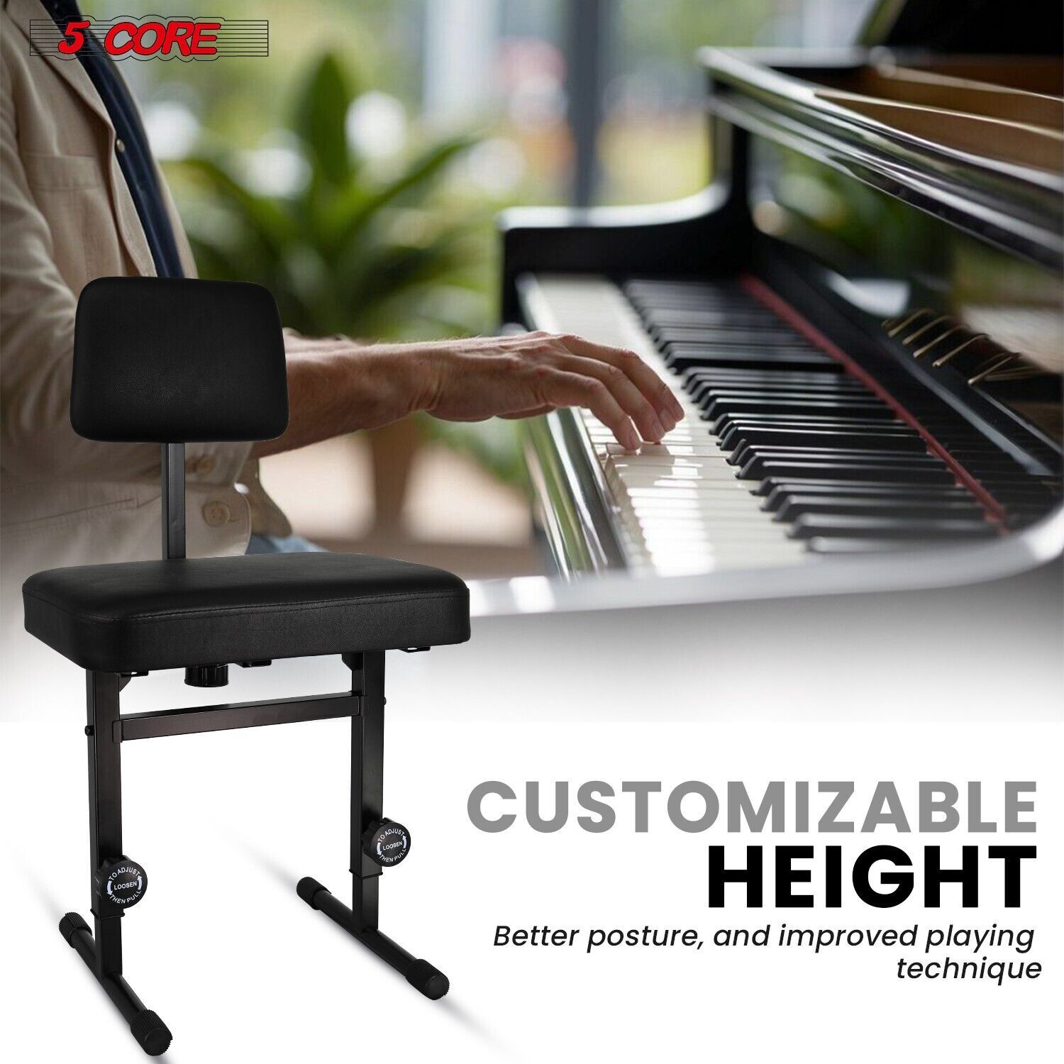 5 CORE Piano Bench Height Adjustable Keyboard Stool Stool Heavy Duty Thick Padde