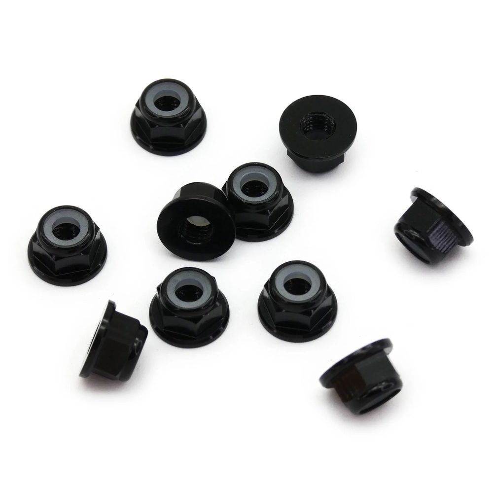 10pcs M4 Flange Locking Hex Nuts Nylon Insert Anodized Aluminum (Black)