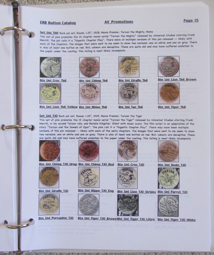 EDGAR RICE BURROUGHS BUTTON CATALOG+34 CON~PINS~PINBACKS~TARZAN~JOHN CARTER