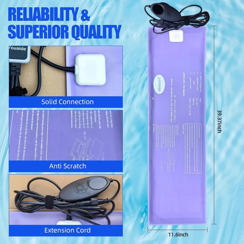 Smart Waterbed Heater with LED Digital Controller, 250W Waterbed Heating Pad for