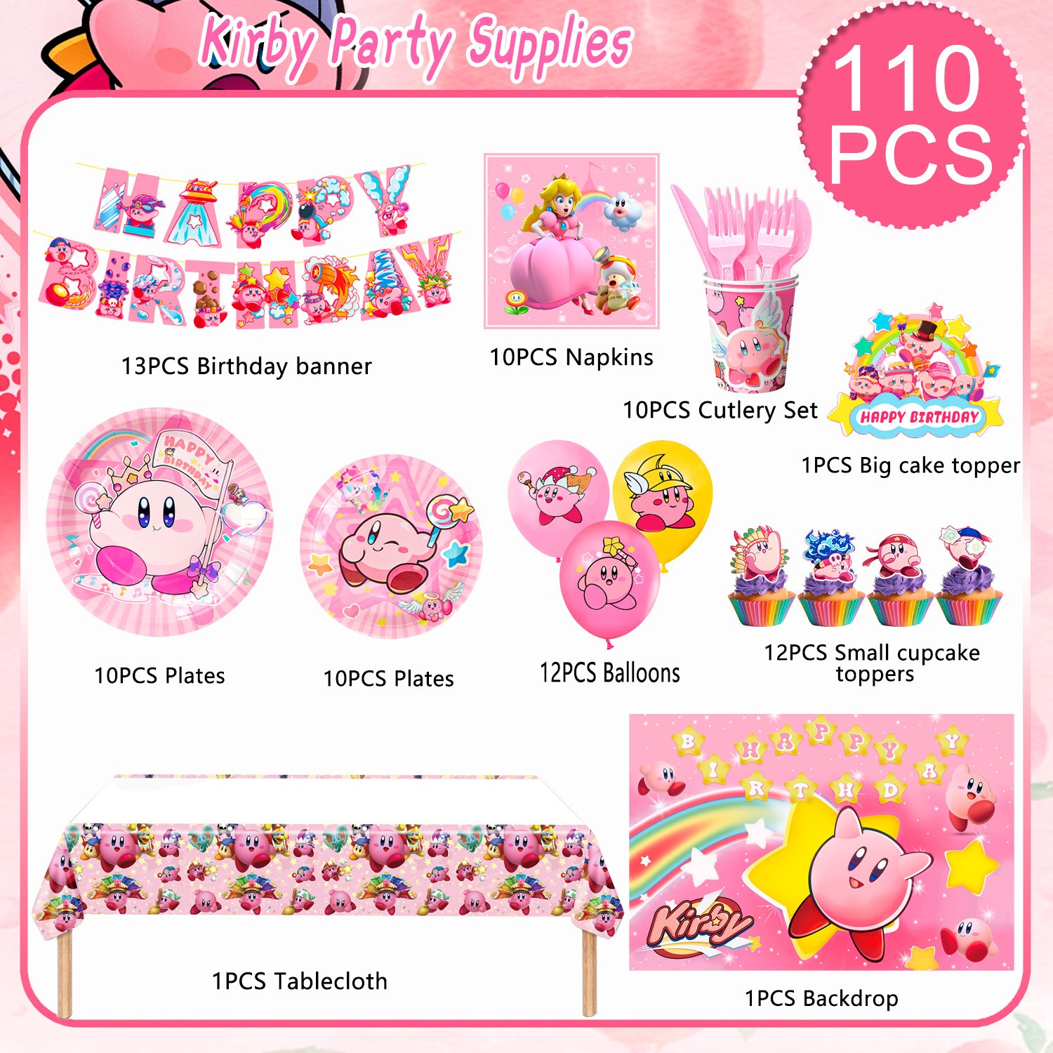 Kirby Star Birthday Party Supplies Pink Kirby Party Decoration Tableware Balloon