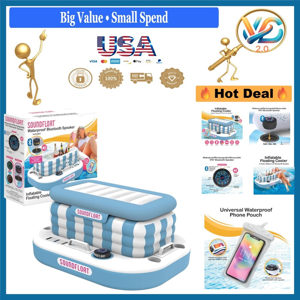 Inflatable Cooler with Bluetooth Speaker 24 Can Floatable Pool Bar Blue White